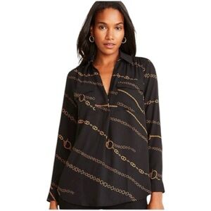 Ann Taylor NWT Black/Gold Chain Pattern Long Sleeved Collared V-neck Blouse Sz M